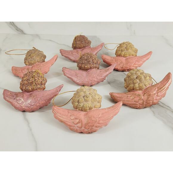 Cherubs Christmas Tree Ornaments Baroque Angels 4 1/2" Pink 80s Blow Mold x7 - Picture 11 of 12